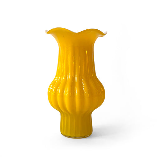 Yellow Glass Vase with White Ruffled Rim