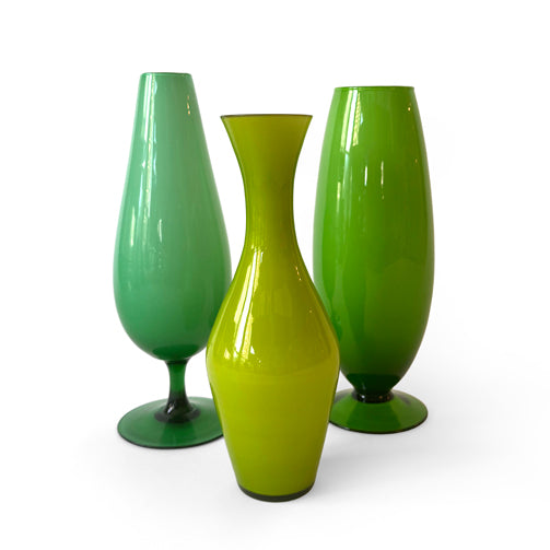 Set of Three Green Opaline Glass Vases