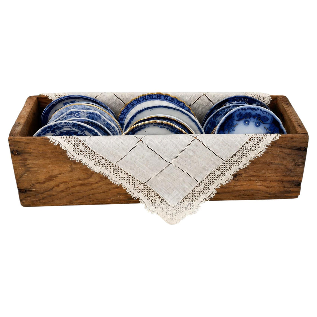 Antique Flow Blue Butter Pat Collection, Primitive Drawer and Handmade Napkins