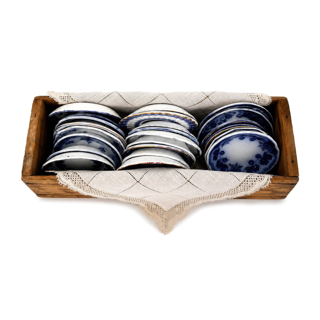 Antique Flow Blue Butter Pat Collection, Primitive Drawer and Handmade Napkins