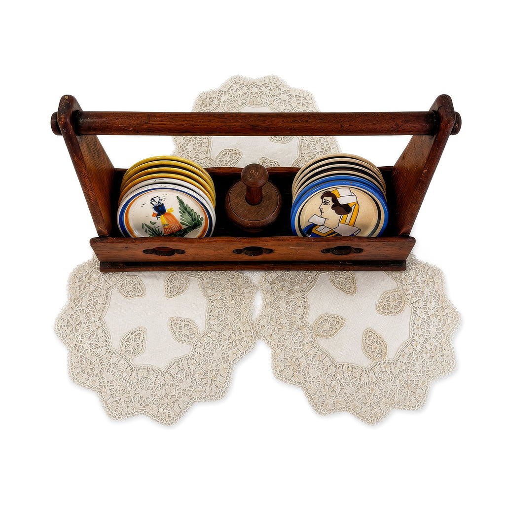 Antique Quimper Porcelain Butter Pats Set with Caddy and Doilies