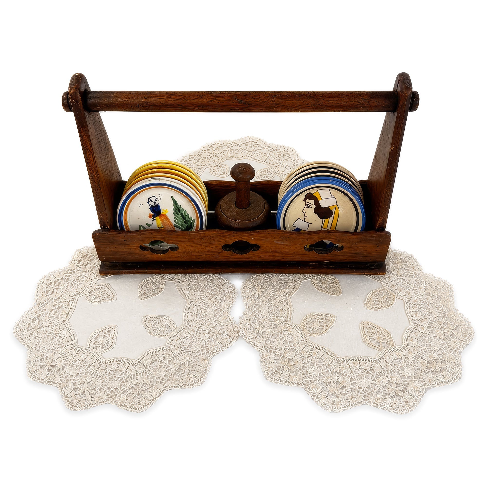 Antique Quimper Porcelain Butter Pats Set with Caddy and Doilies