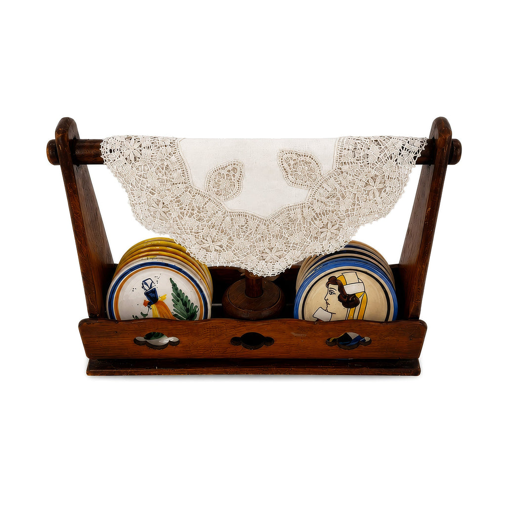 Antique Quimper Porcelain Butter Pats Set with Caddy and Doilies