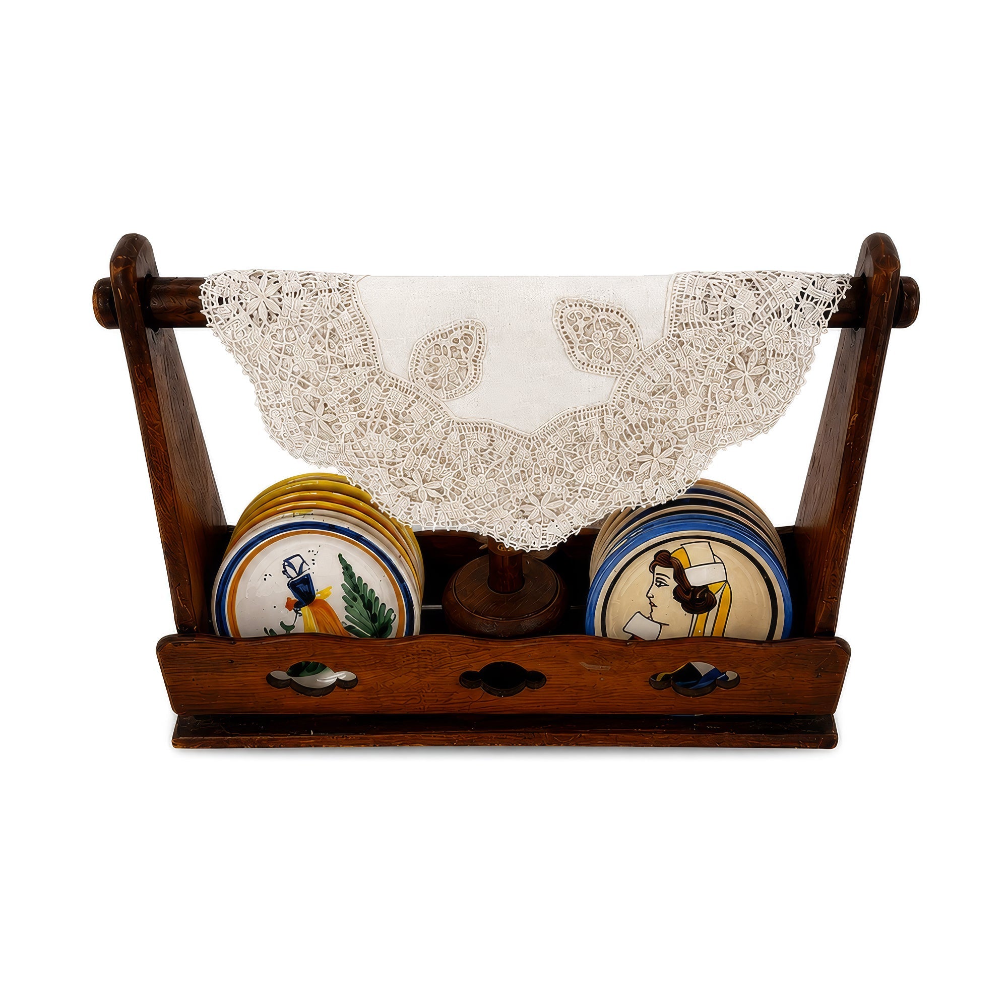 Antique Quimper Porcelain Butter Pats Set with Caddy and Doilies