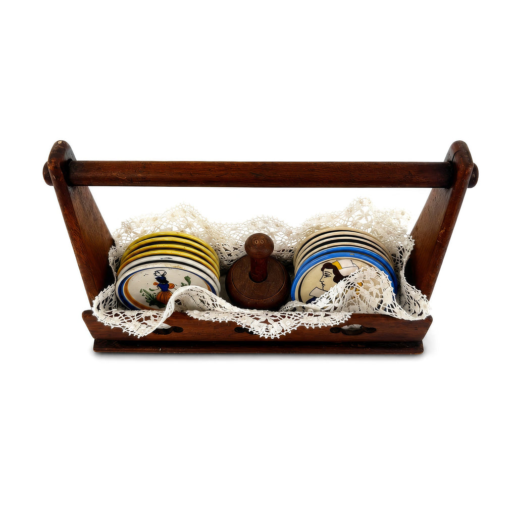 Antique Quimper Porcelain Butter Pats Set with Caddy and Doilies