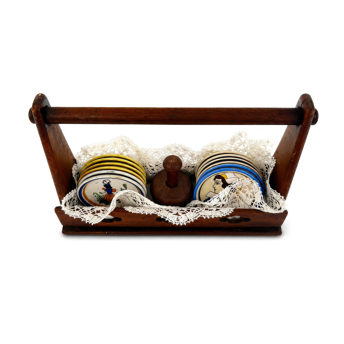 Antique Quimper Porcelain Butter Pats Set with Caddy and Doilies