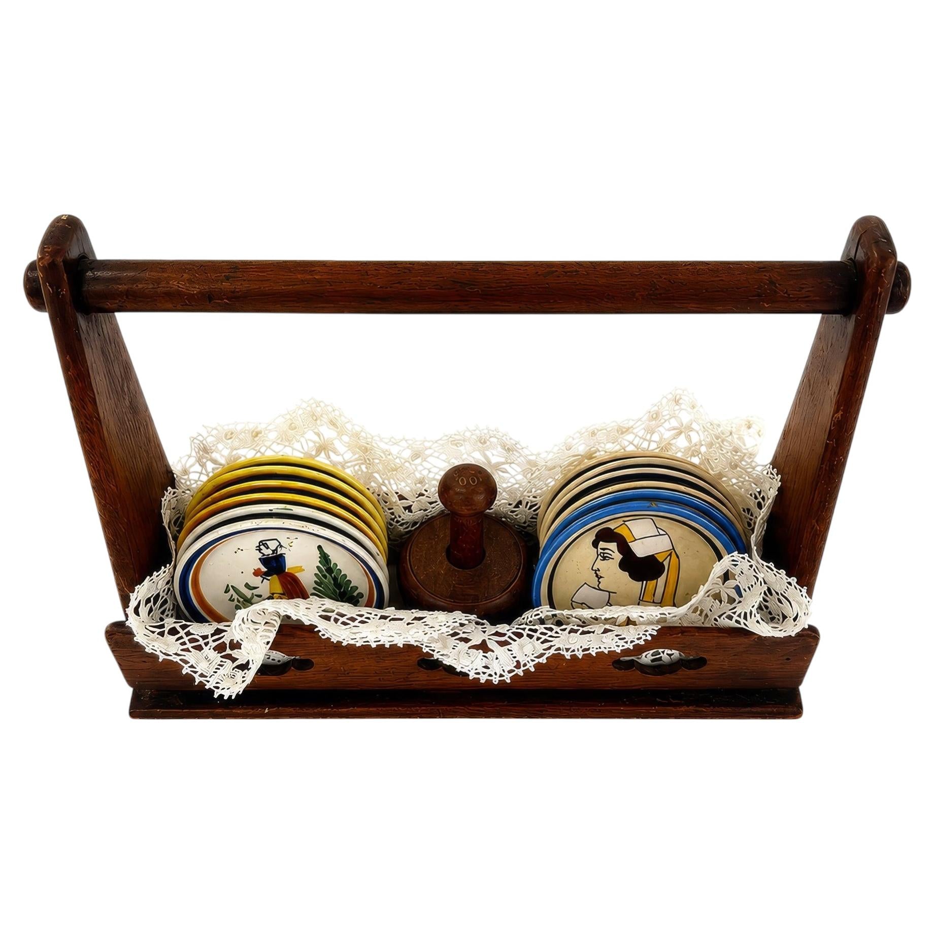 Antique Quimper Porcelain Butter Pats Set with Caddy and Doilies