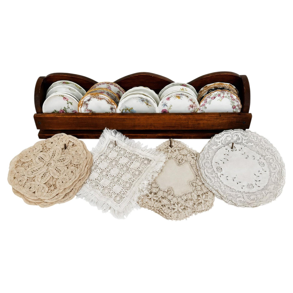 Collection of Antique Limoges Butter Pats, Lace Doilies and Primitive Caddy
