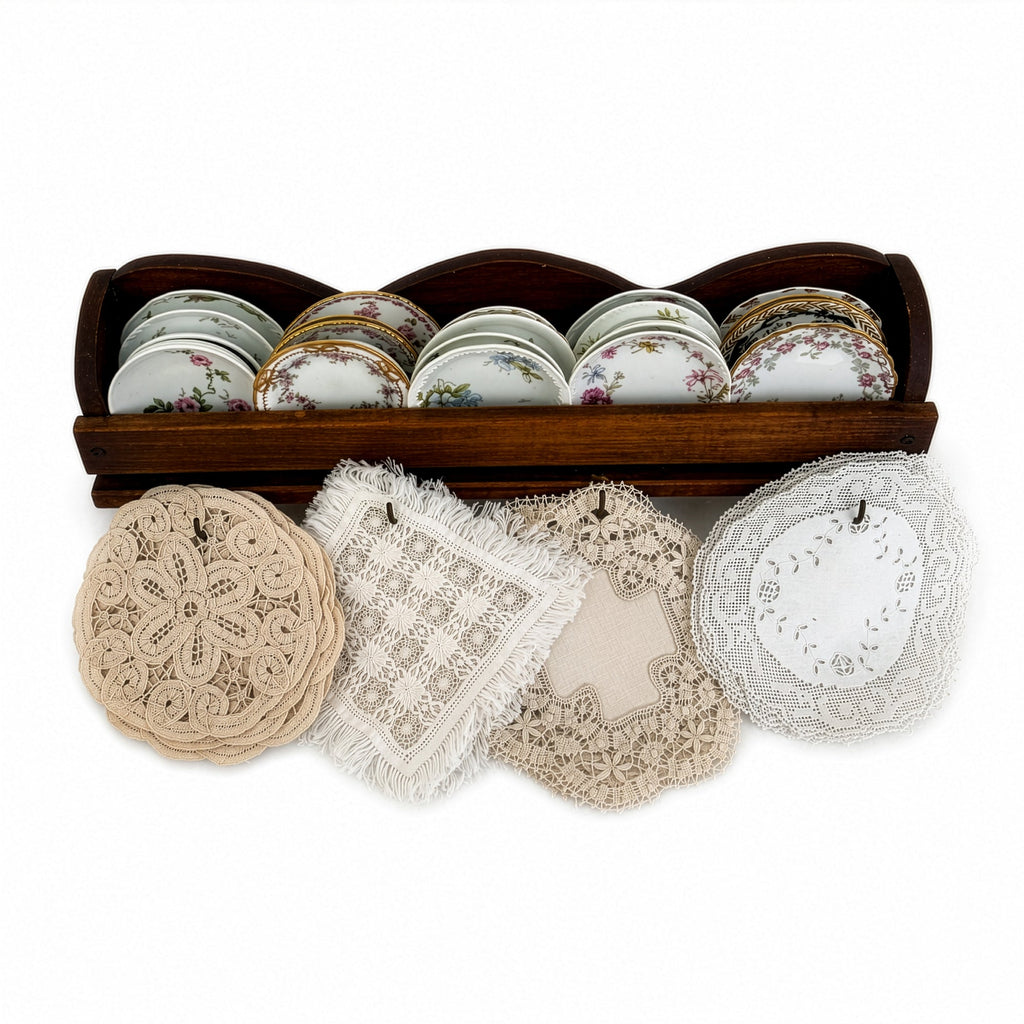 Collection of Antique Limoges Butter Pats, Lace Doilies and Primitive Caddy