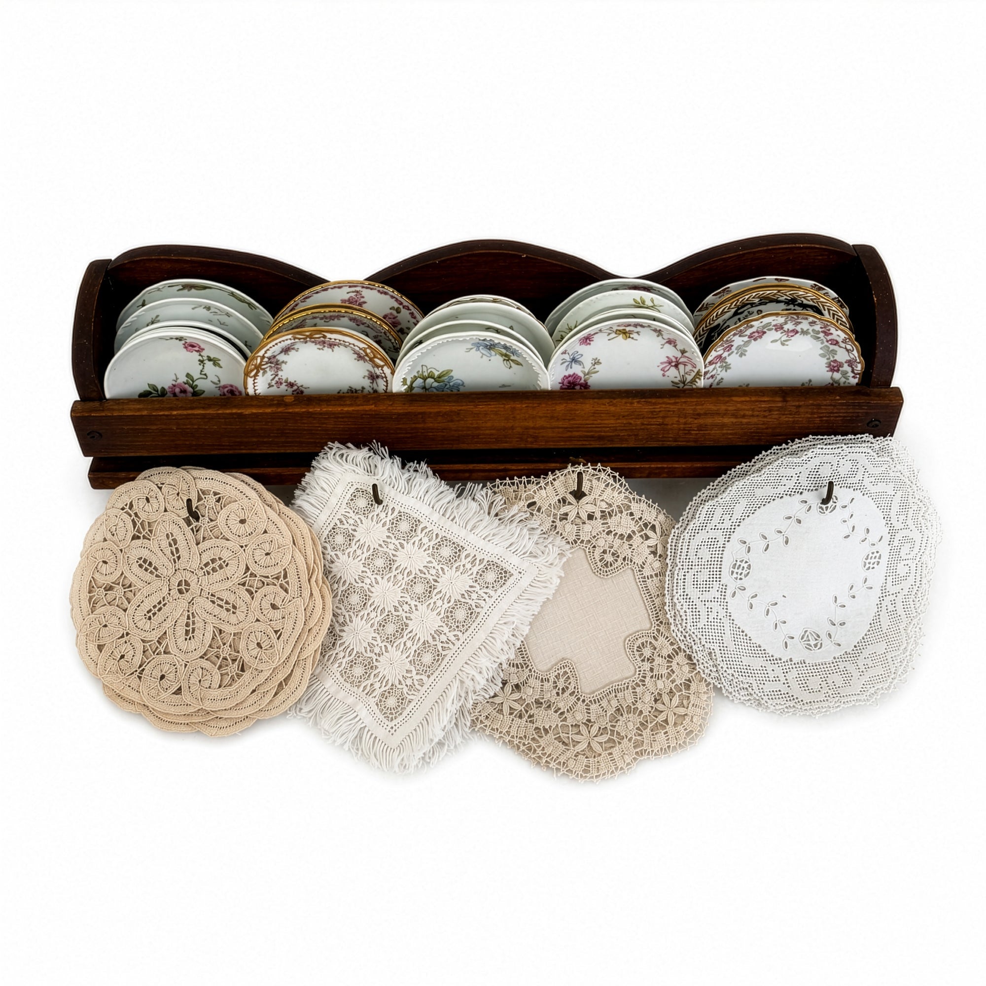 Collection of Antique Limoges Butter Pats, Lace Doilies and Primitive Caddy