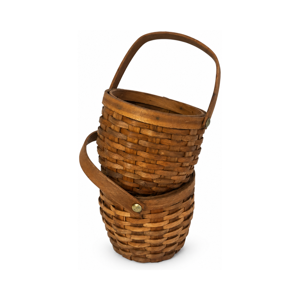 Pair of Antique Handwoven Shaker Baskets with Brass Details