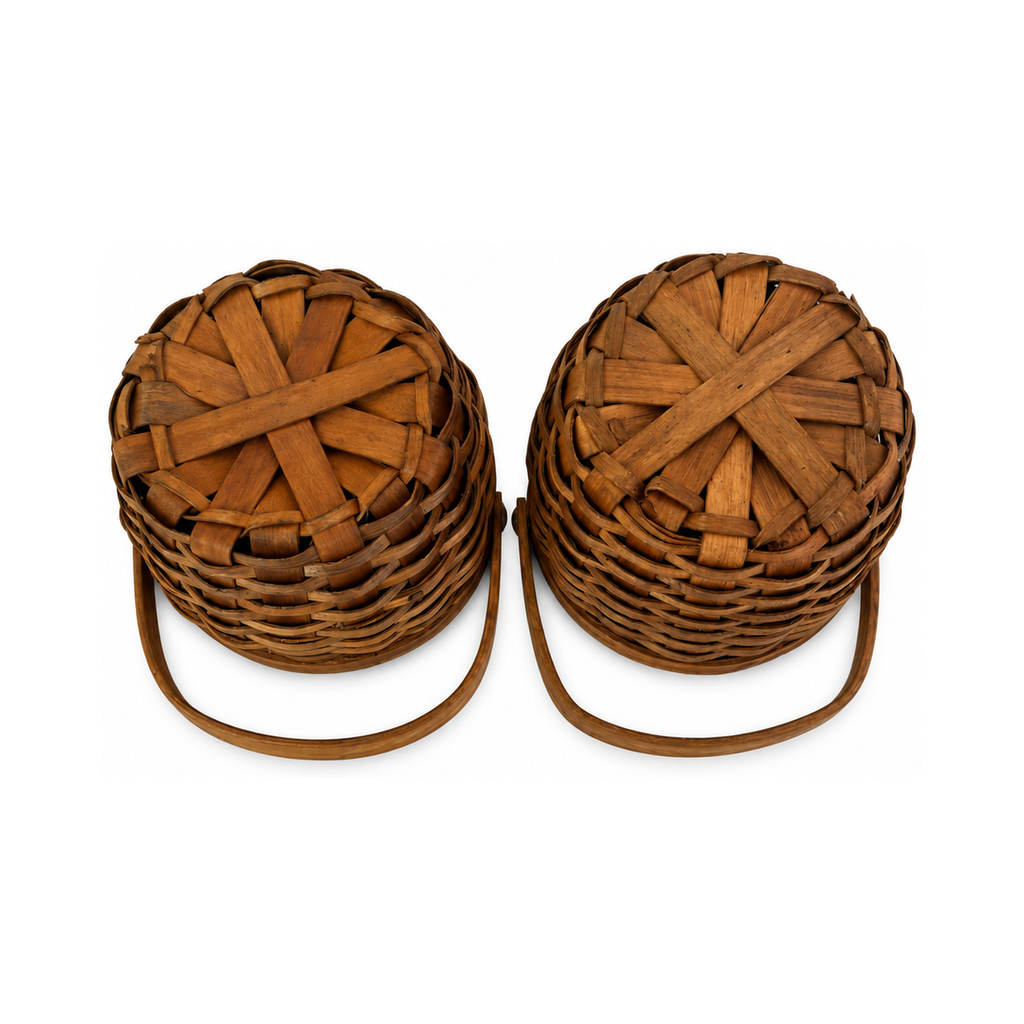 Pair of Antique Handwoven Shaker Baskets with Brass Details
