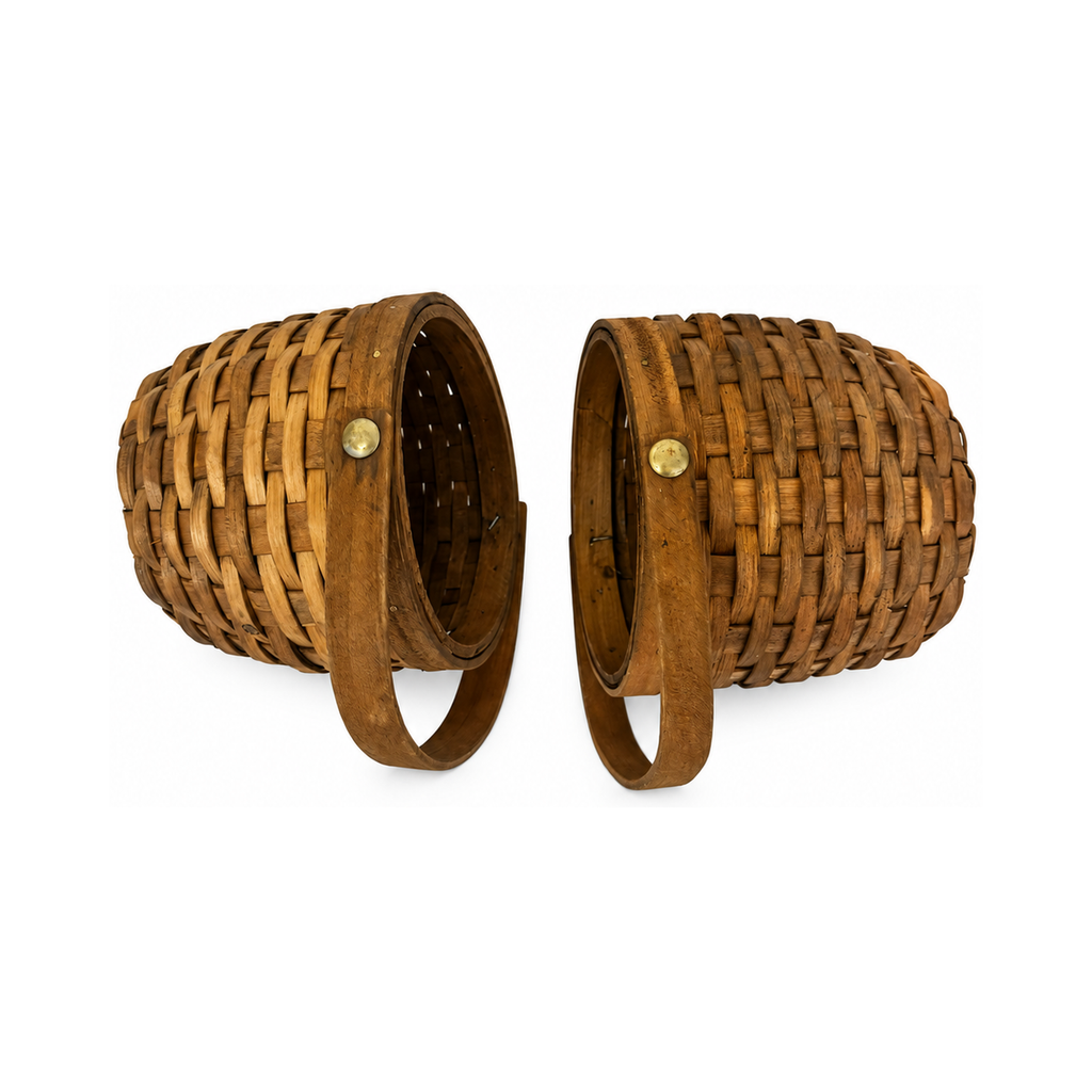 Pair of Antique Handwoven Shaker Baskets with Brass Details