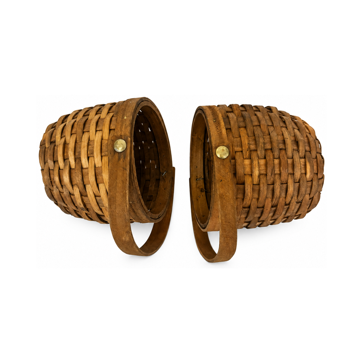 Pair of Antique Handwoven Shaker Baskets with Brass Details