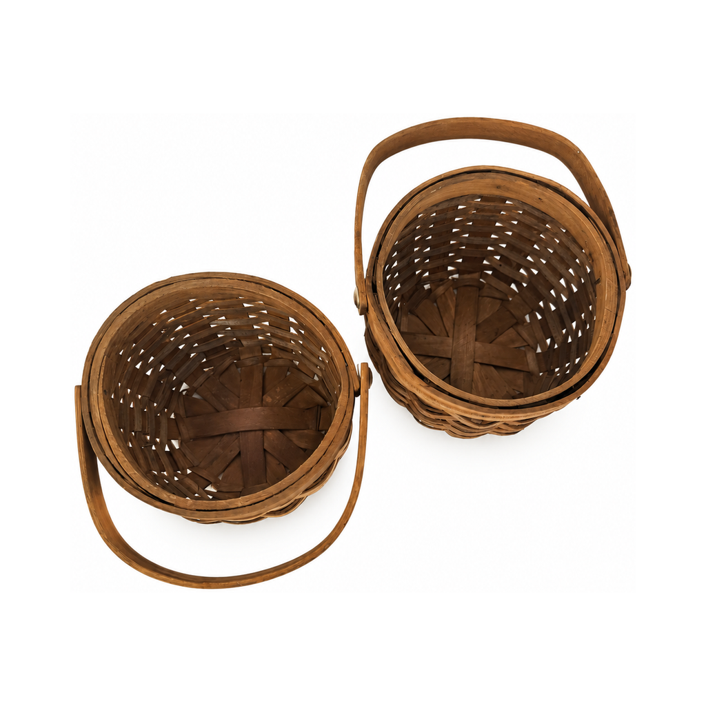 Pair of Antique Handwoven Shaker Baskets with Brass Details