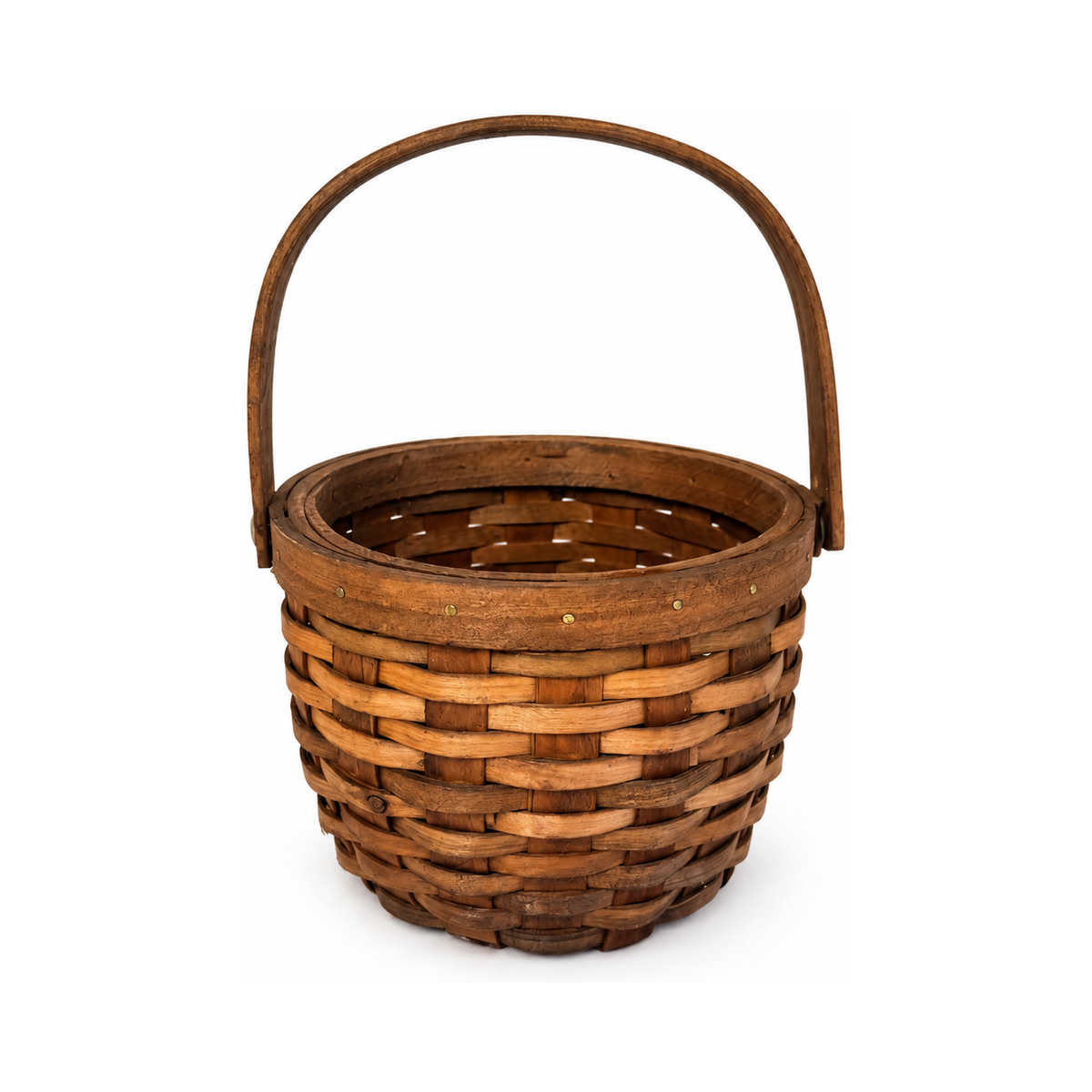 Pair of Antique Handwoven Shaker Baskets with Brass Details