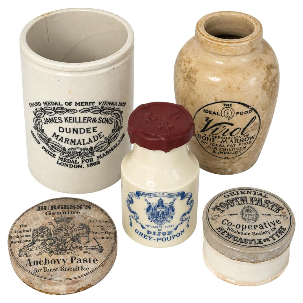 Set of Five Antique Advertising Containers, English & French, circa 1900