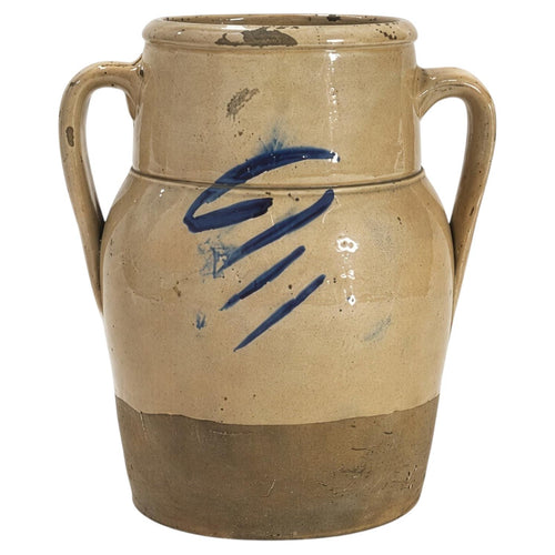 Antique Hand-Crafted Terracotta Jug, Cobalt Blue, Rustic Italy, 1880