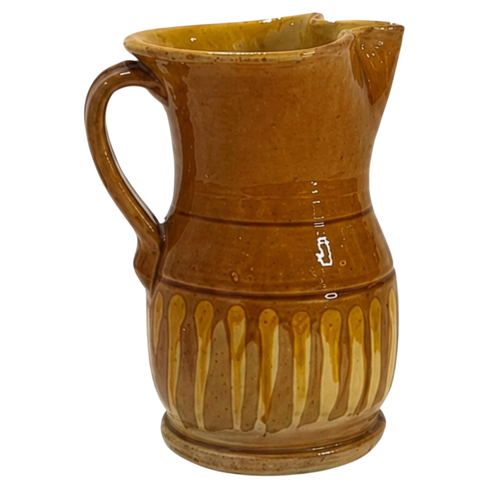 Glazed Terracotta Jug, Ochre Drip Decoration, Hand-Thrown, Italy, 1880