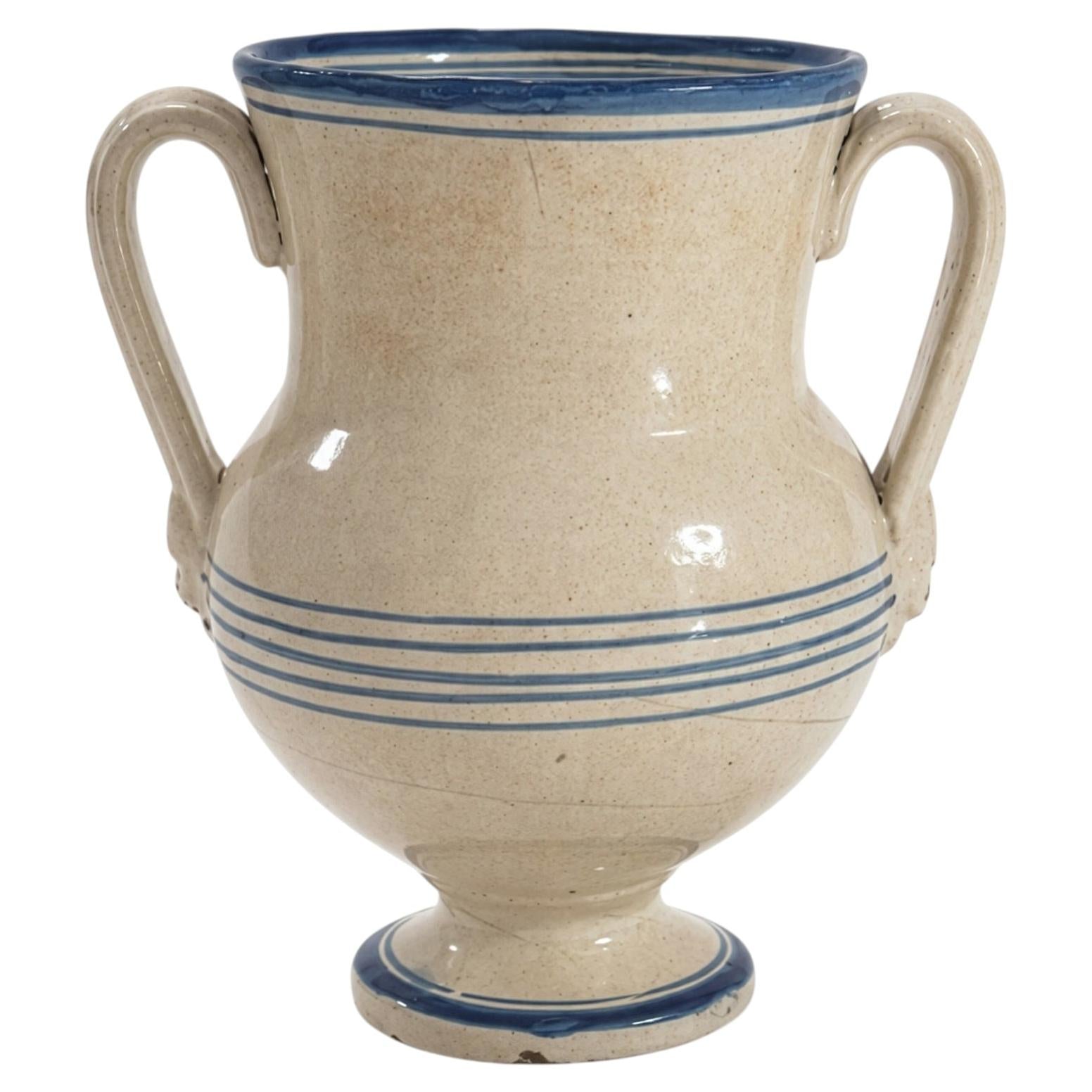 Antique Terracotta Amphora, Cream Glaze with Cobalt Blue, Puglia, 1880