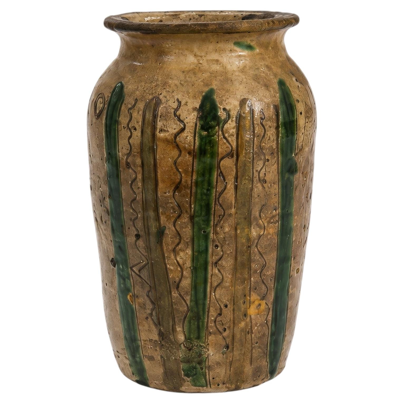Antique 19th Century Calabrian Glazed Terracotta Amphora, Twin Handles