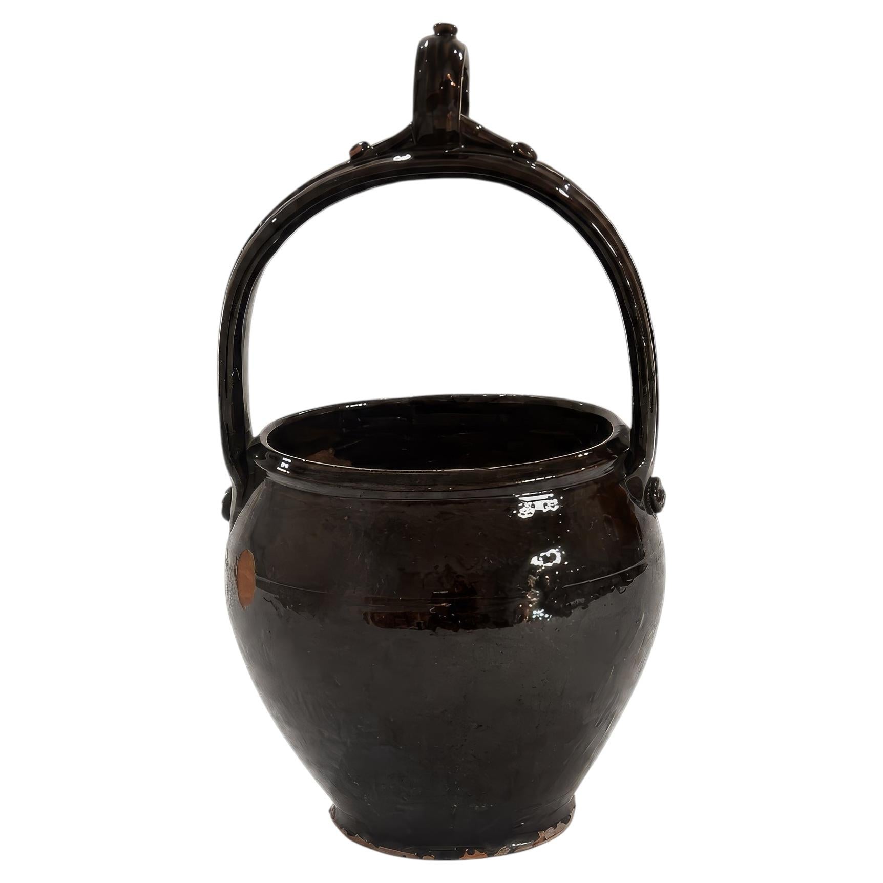 19th Century Puglian Black Glazed Terracotta Brazier with Arched Handle
