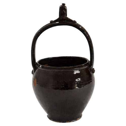 19th Century Puglian Black Glazed Terracotta Brazier with Arched Handle