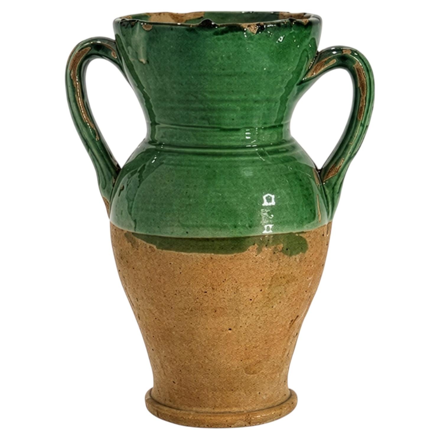 Antique Puglian Terracotta Amphora, Emerald Green Glaze, 19th Century