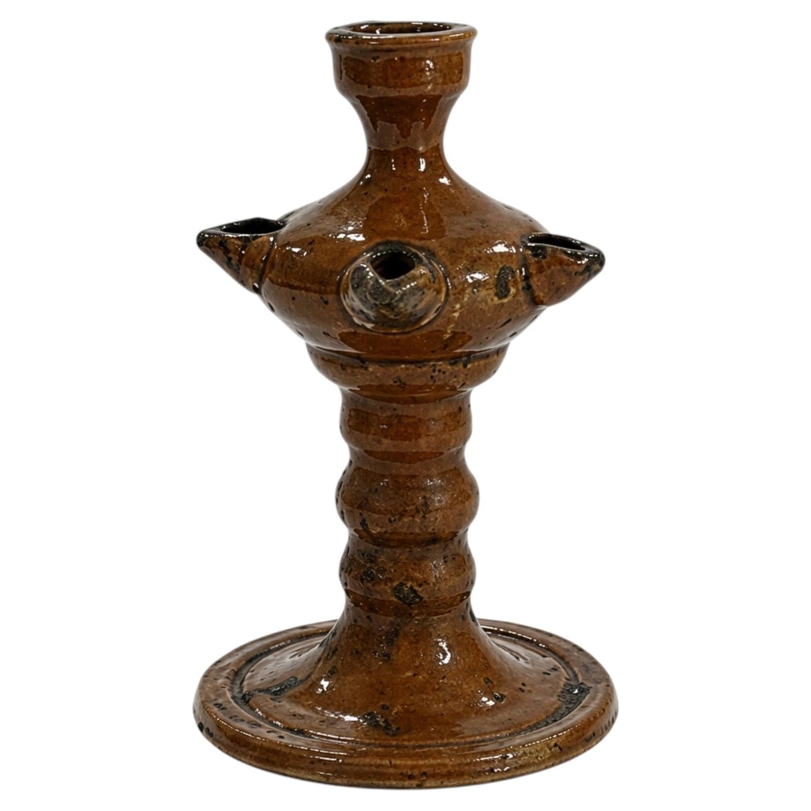 Antique 19th Century Puglian Brown Glazed Terracotta Lucerna Oil Lamp