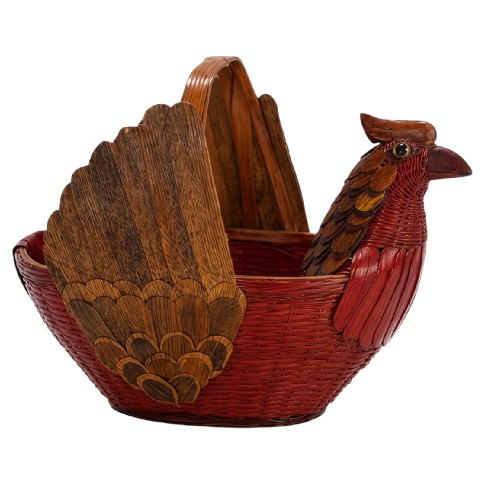 Vintage Handwoven Wicker Turkey Basket, Chinese Rattan, 1970s
