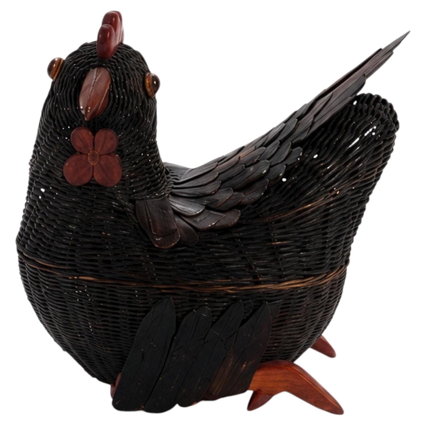 1970s Vintage Chinese Wicker Chicken Basket with Lid, Bamboo & Rattan