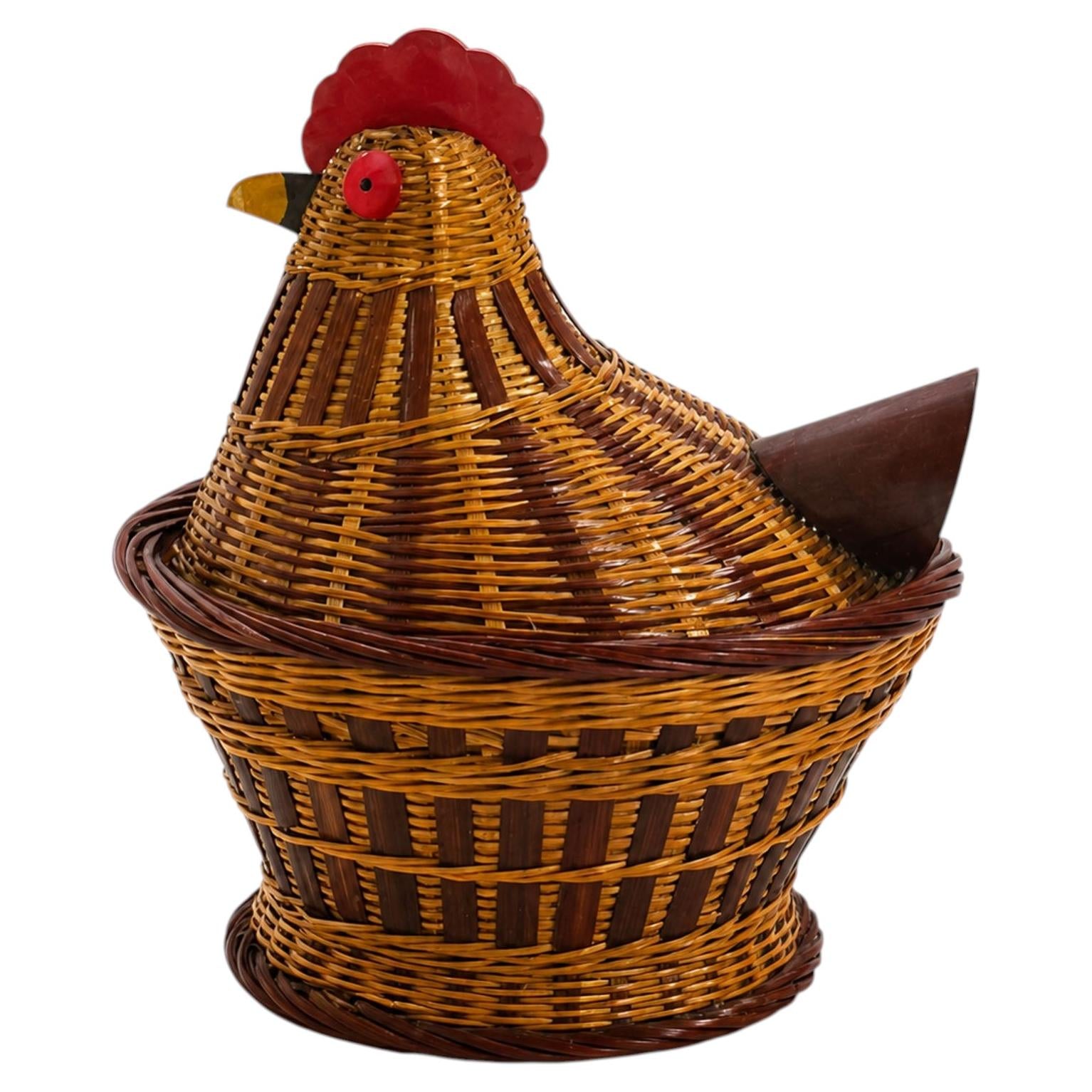 Vintage Chinese Wicker Hen Basket with Lid, Handwoven Rattan, 1970s