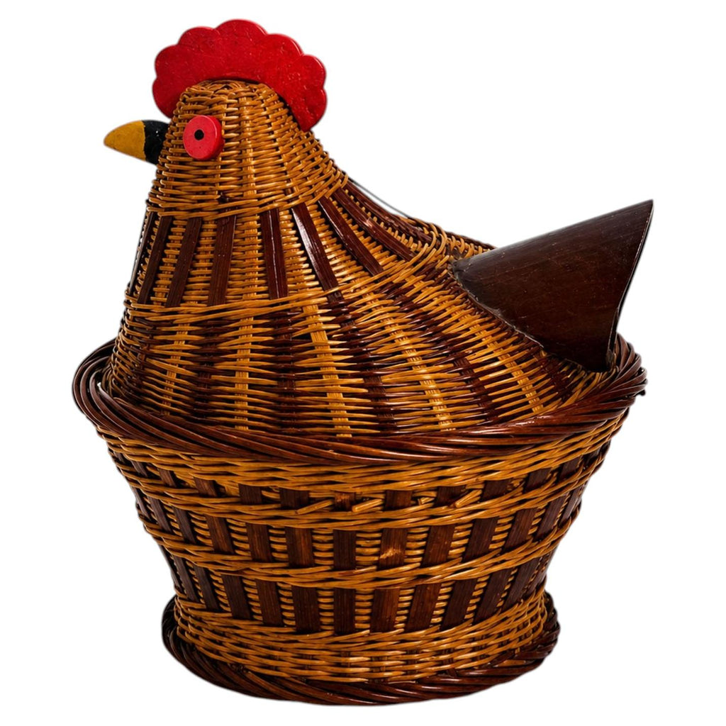 Vintage Chinese Wicker Hen Basket with Lid, Handwoven Rattan, 1970s