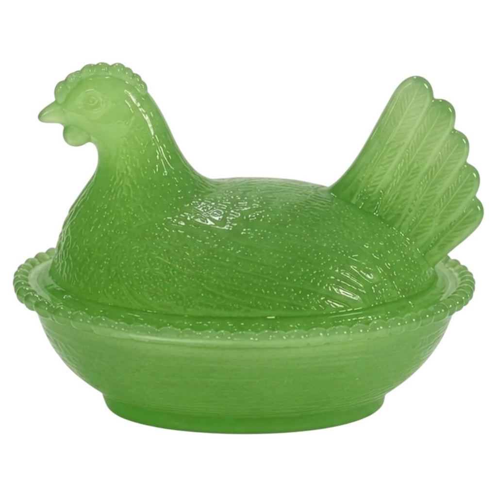 Jadeite Green Glass Hen on Nest Covered Dish, USA, 2020s