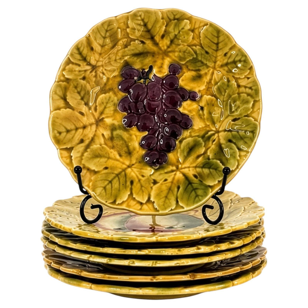 Set of Six Antique French Sarreguemines Majolica Fruit Plates, 1890