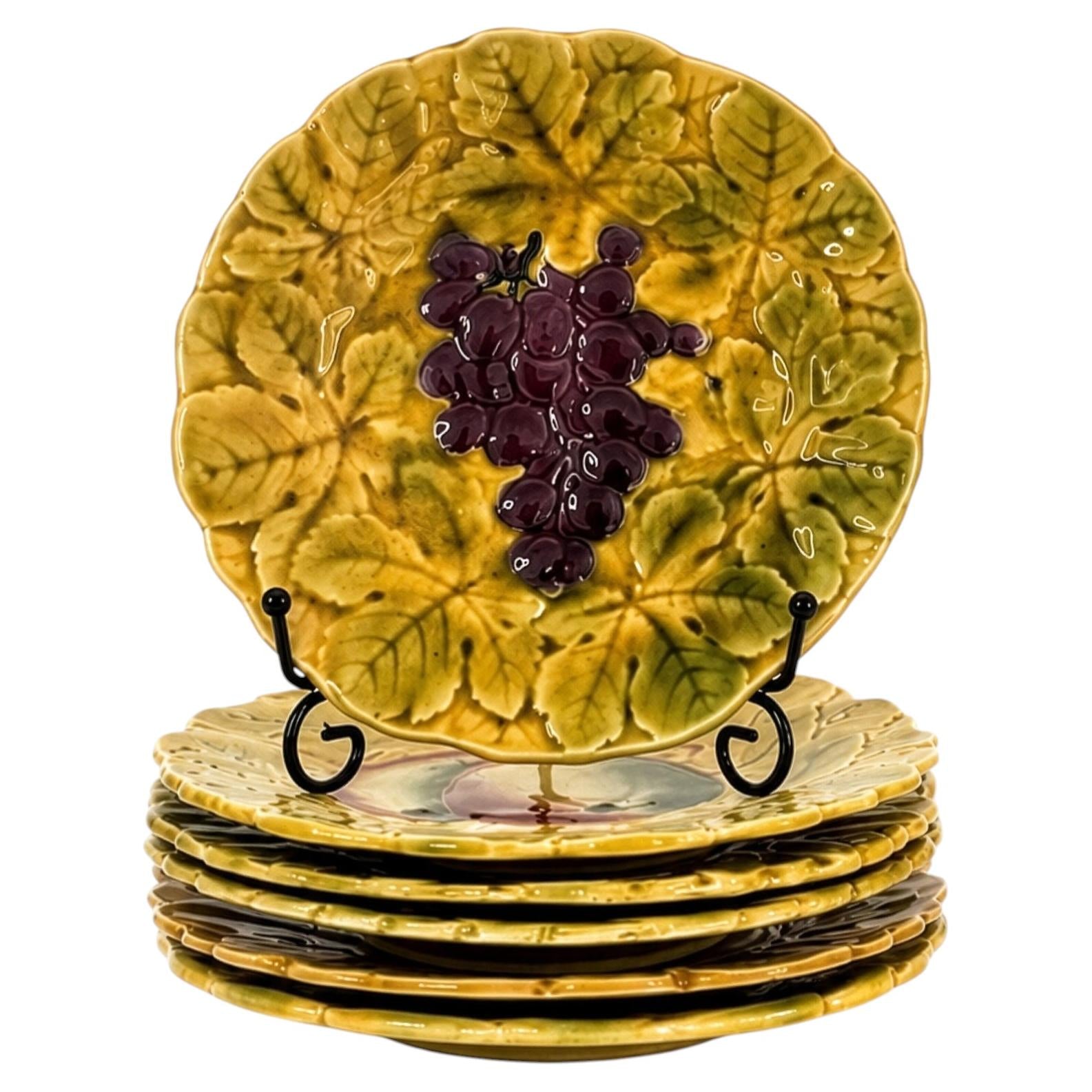 Set of Six Antique French Sarreguemines Majolica Fruit Plates, 1890