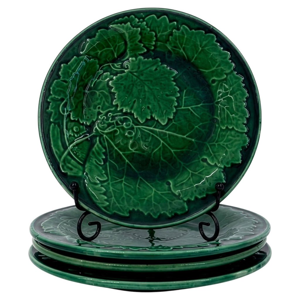 Set of Four Antique Majolica Salad Plates, Grape Vine Relief