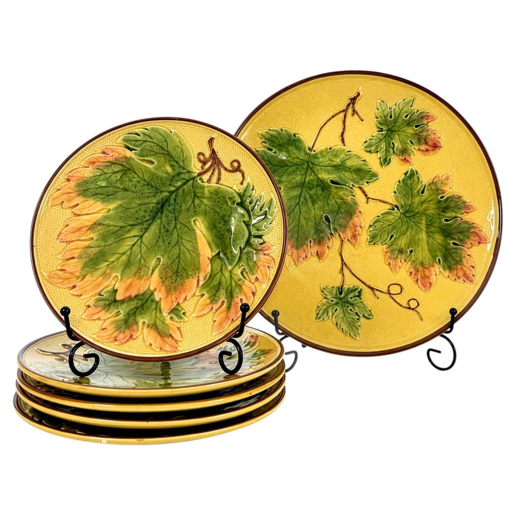 Antique German Majolica Grape Leaf Dessert Service, Six Pieces, Circa 1900