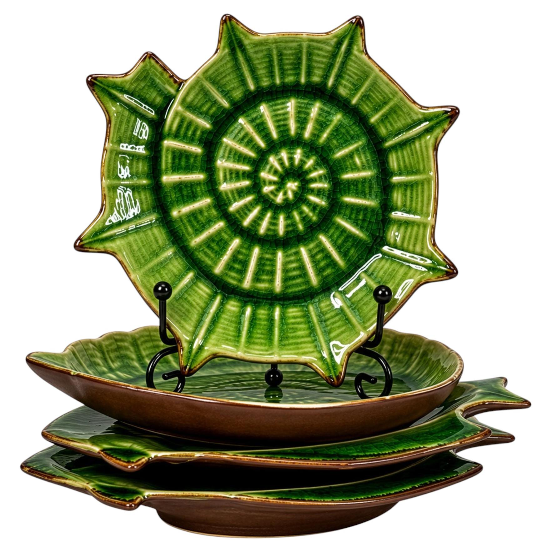 Mid-Century Green Majolica Seashell Plates, Set of Four, Italy, 1960