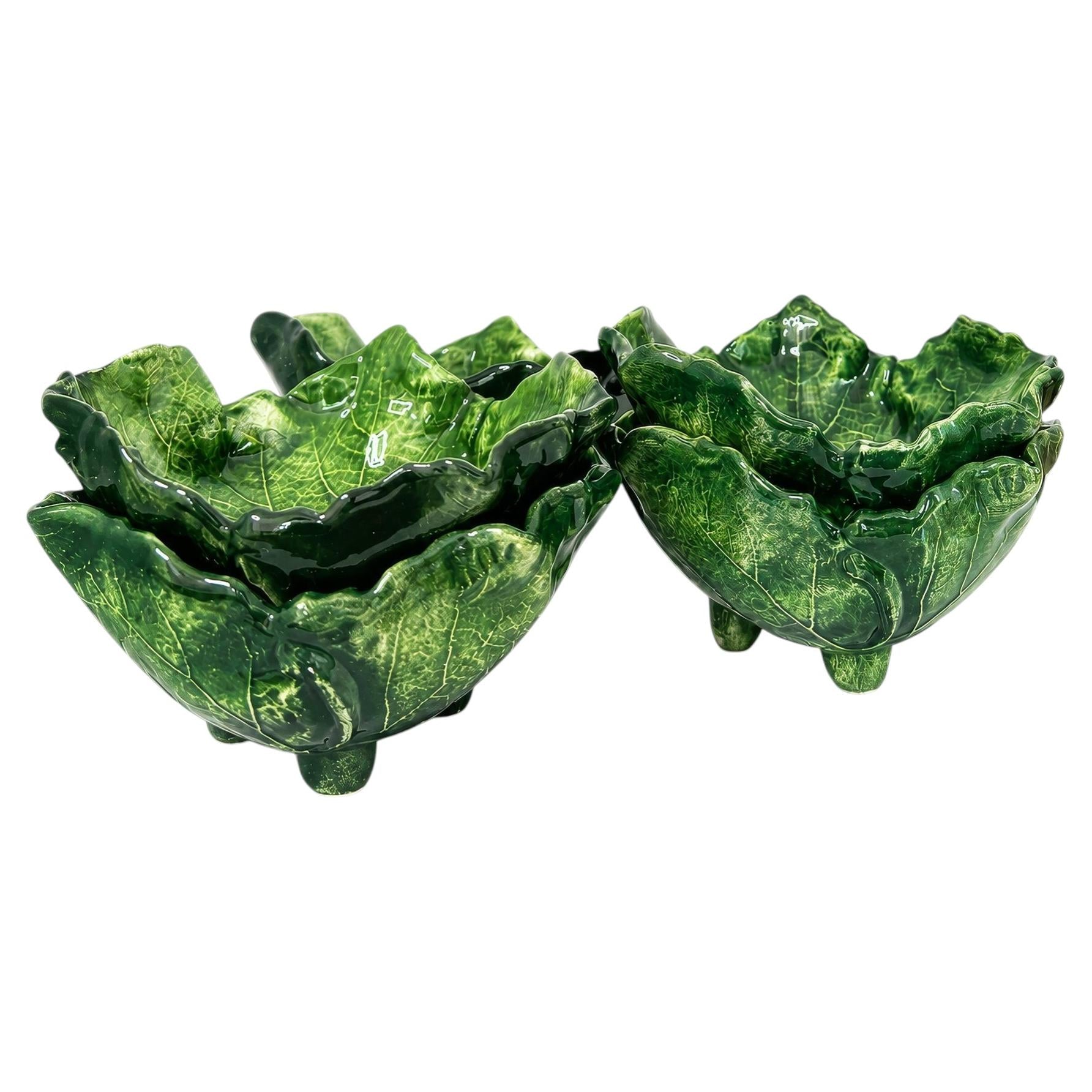 Set of Six Vintage Vietri Hand-Painted Italian Leaf Bowls