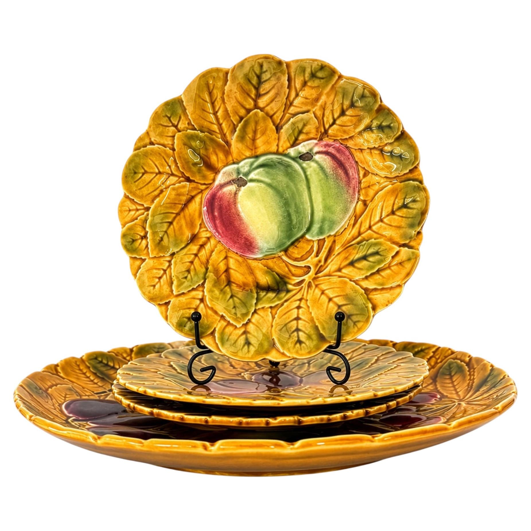 Antique French Majolica Dessert Service by Sarreguemines, Set of Four