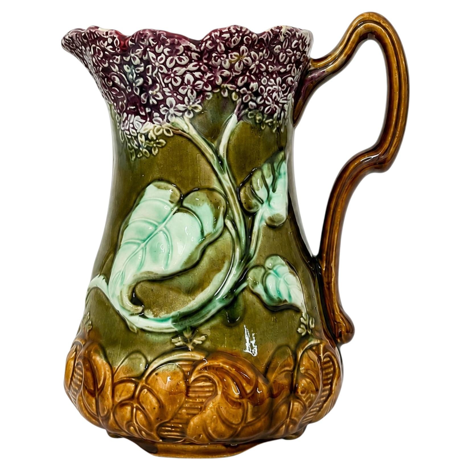 Antique French Majolica Pitcher by Frie Onnaing, Art Nouveau, c. 1900