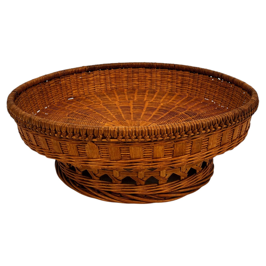 Vintage Wicker Pedestal Basket, Openwork Gallery, Honey-Brown, 1960