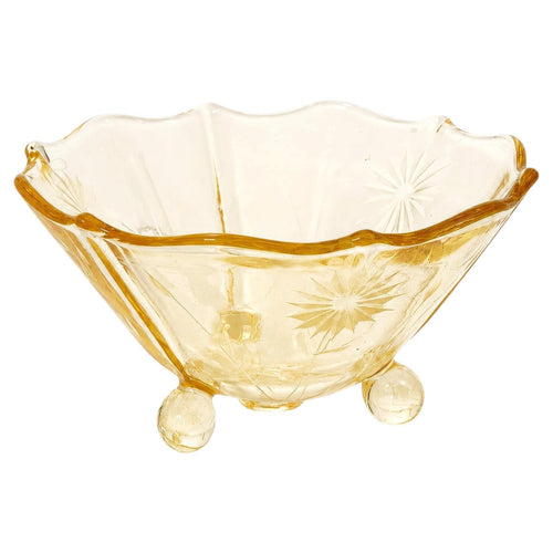 1930s American Depression Glass Bowl, Yellow Starburst, Three Feet