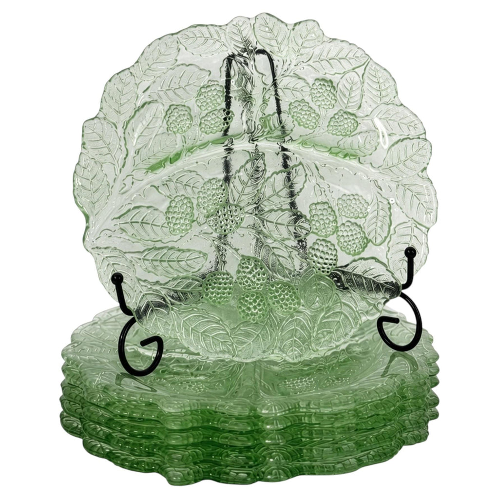 Set of Six Indiana Glass Loganberry Plates, Green Uranium Glass, 1930s