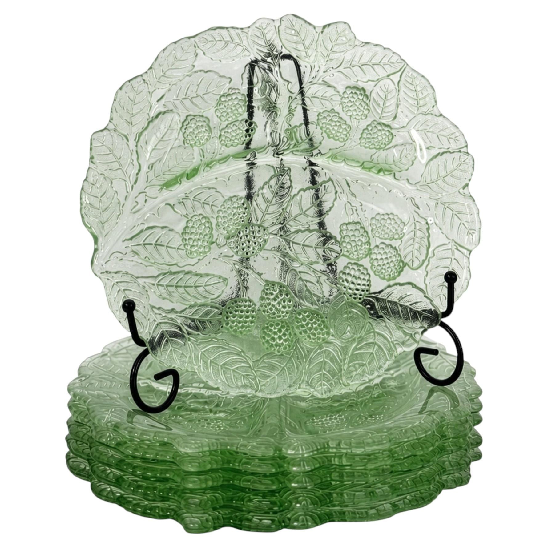 Set of Six Indiana Glass Loganberry Plates, Green Uranium Glass, 1930s