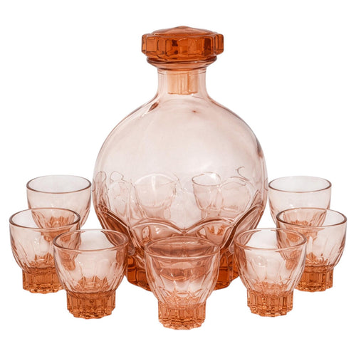 1950s French Rosaline Pink Art Deco Liqueur Decanter Set with Glasses