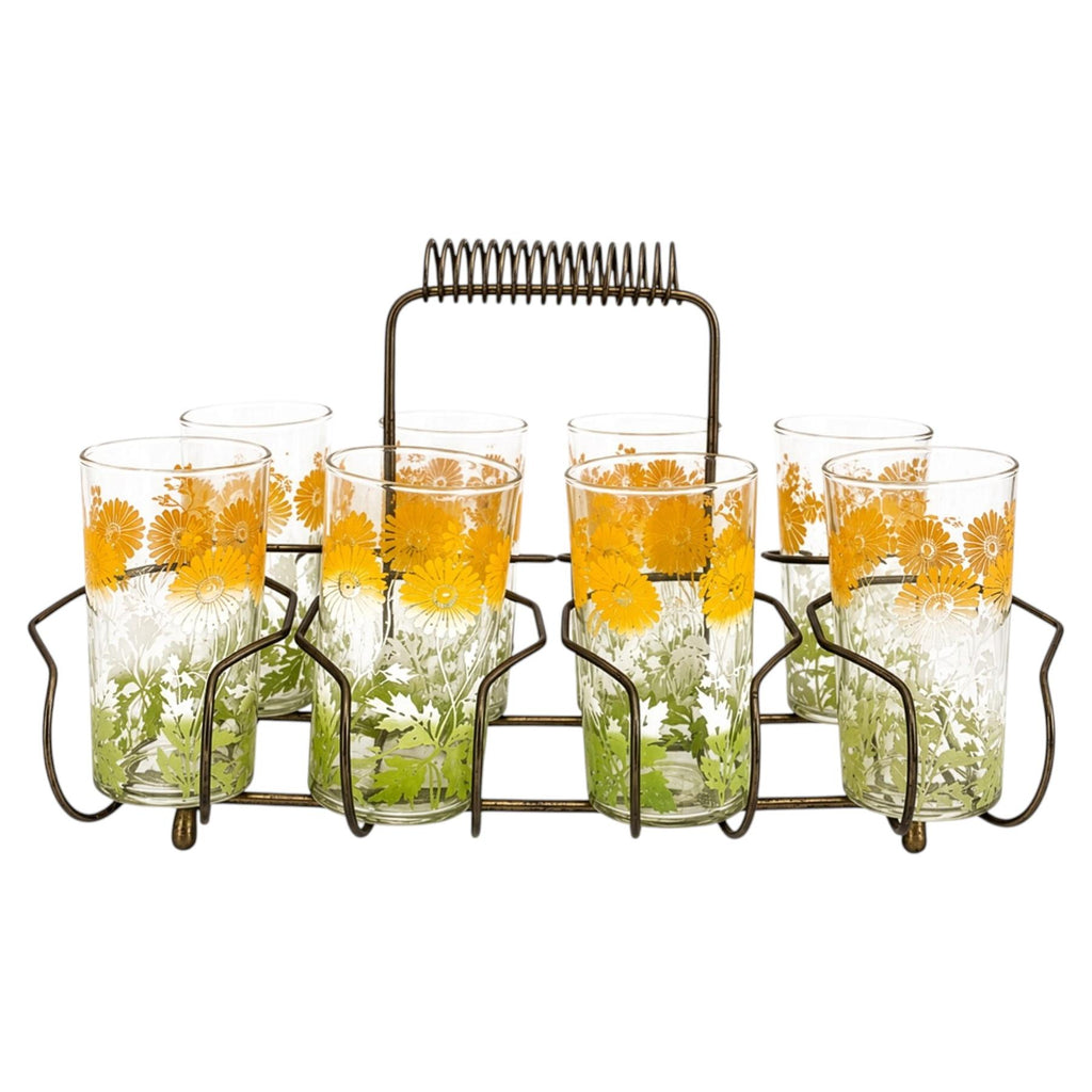 Mid-Century Floral Juice Glass Set with Metal Carrier, 1950s