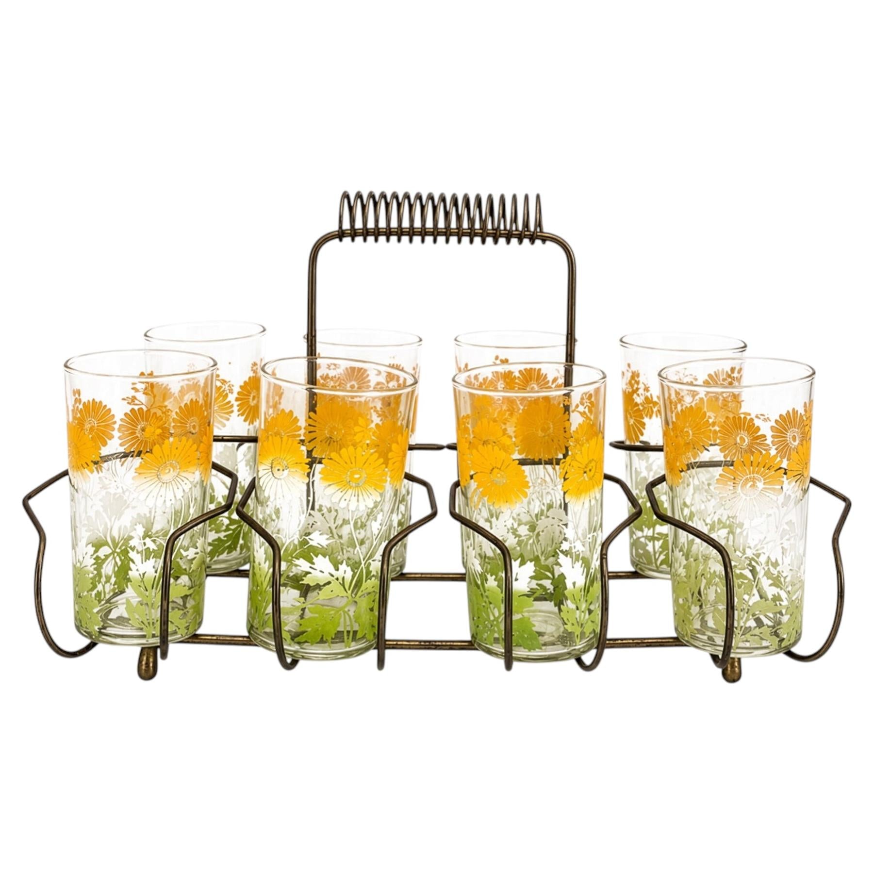 Mid-Century Floral Juice Glass Set with Metal Carrier, 1950s