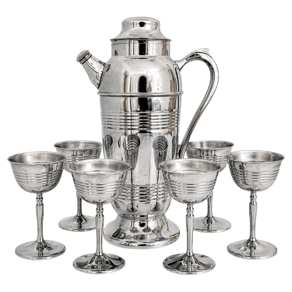 Mid-Century Chrome Cocktail Set, Shaker & Six Coupe Goblets, 1950s